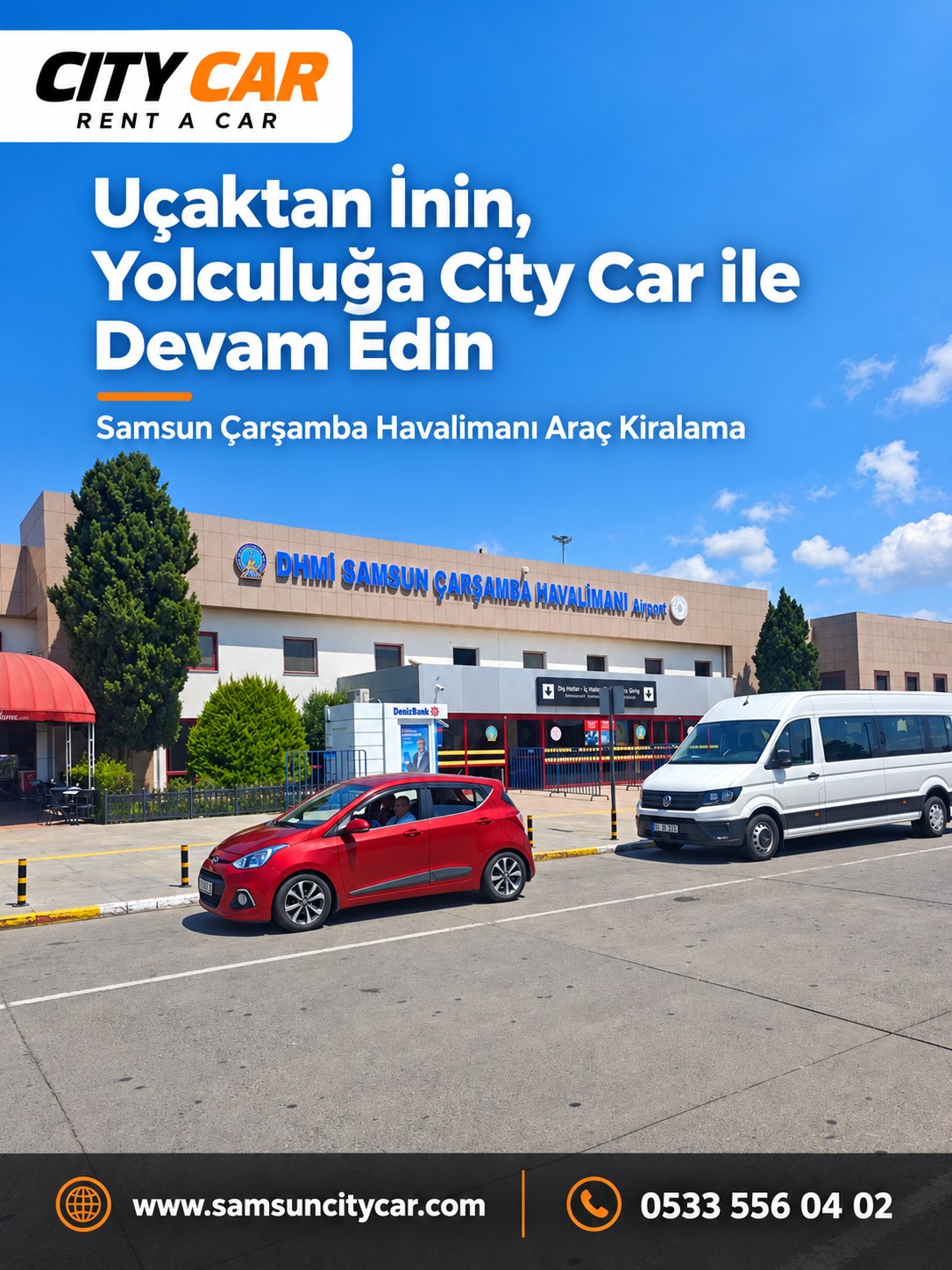 Samsun Çarşamba Havalimanı terminali üzerinde City Car logosu ve araç kiralama sloganı